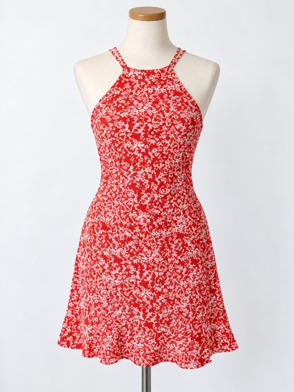 Zara Red Floral Halter Mini Dress Smocked Back A Line NWT M